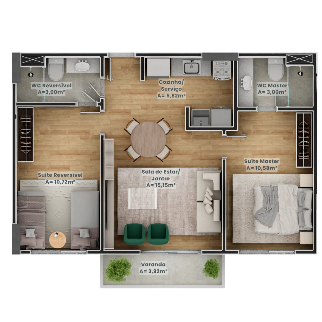 Planta de 2 quartos, 57,92 m²